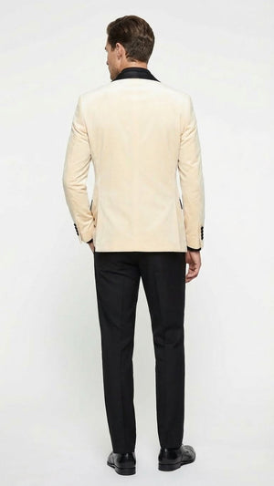 Men’s Ivory Dinner Jacket - Cream Velvet Blazer with Black Satin Lapel | Wedding and Party Formal Sport Coat in off white