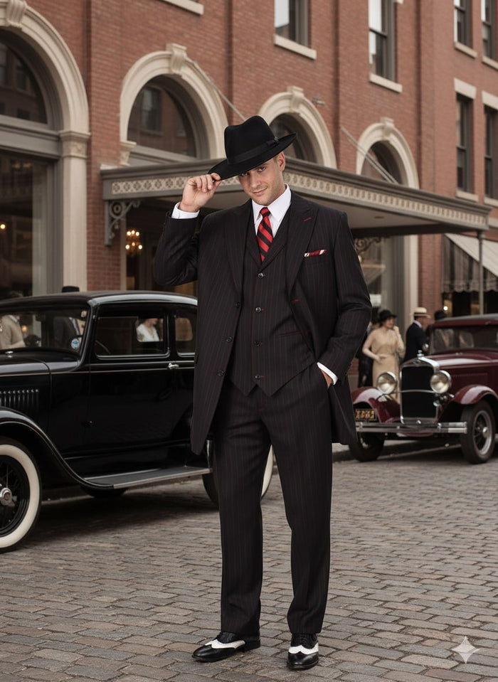 Mens Black and Red Pinstripe Zoot Suit - 1920s Gangster Vintage 3-Piece Suit for Formal, Prom, and Themed Events