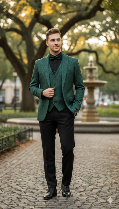 Mens Emerald Green Paisley Tuxedo 3-Piece Suit  Slim Fit Formal Blazer, Vest, and Pants for Weddings, Proms