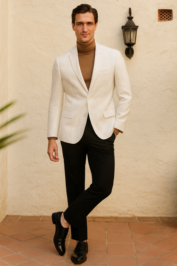 Men's White Linen Blazer - Classic Two-Button Lightweight Sport Coat