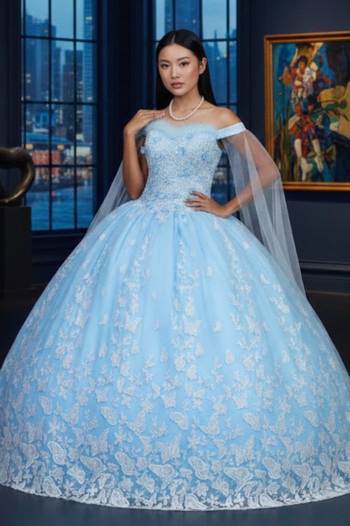 Glitter Butterfly Applique Cape Sleeves Quinceanera Gown