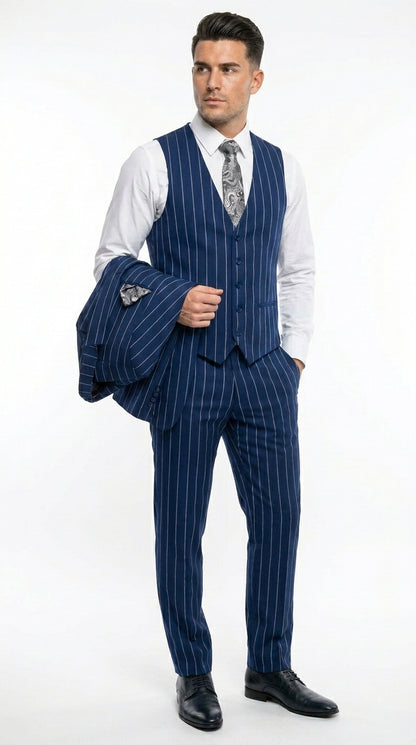 Men’s Navy Blue 1920s Gangster Stripe Vested Suit with White Pinstripes, 2 Button Dress Suit