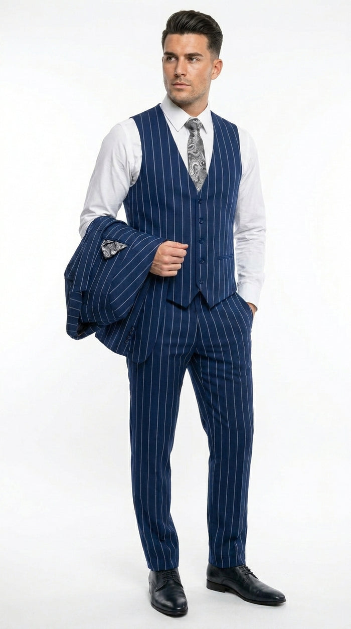 Men’s Navy Blue 1920s Gangster Stripe Vested Suit with White Pinstripes, 2 Button Dress Suit