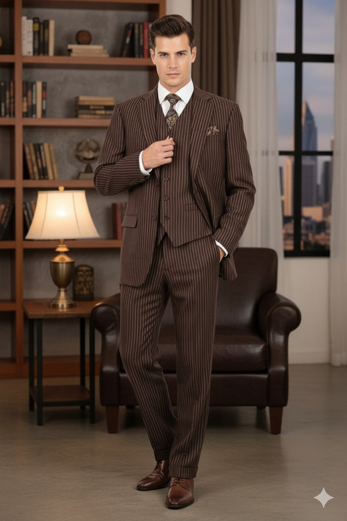 Mens Brown Pinstripe 3-Piece Suits  Classic Business and Formal Wear with Vest