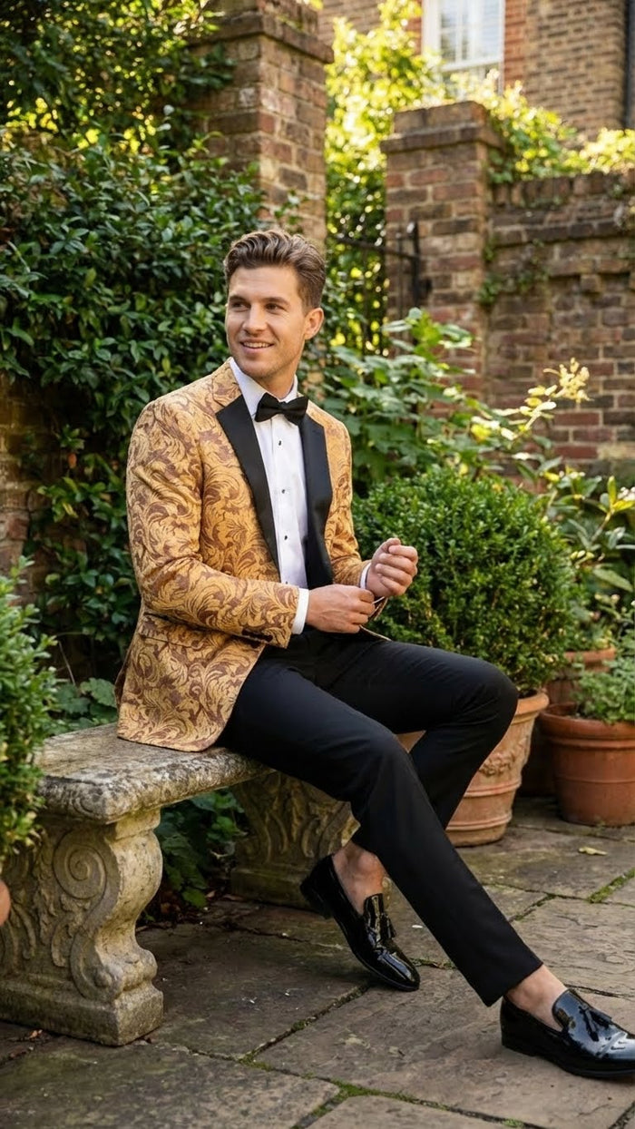 Mens Yellow Gold Baroque Pattern Tuxedo Blazer Suit  Party and Wedding Jacket Prom Paisley Black Pants