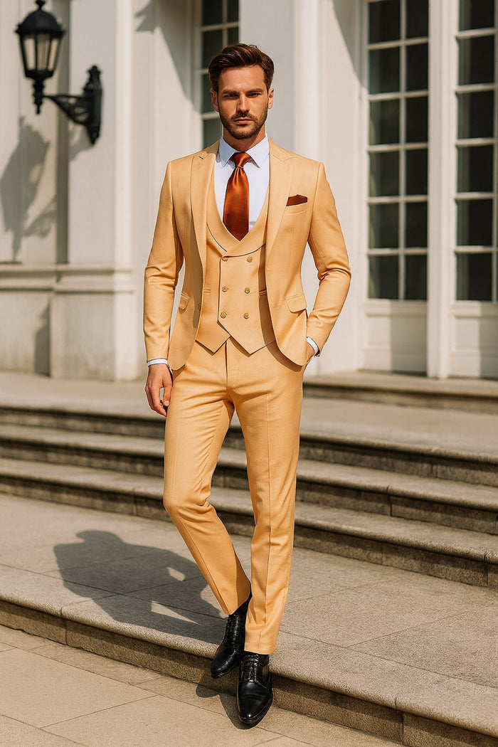Mens Peach 3-Piece Suit  Double-Breasted Vest, Notch Lapel Blazer, Slim Fit Dress Pants