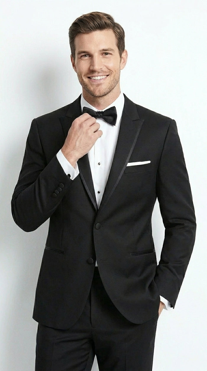 Men’s Black Designer Peak Trim Ashton Tuxedo with Satin Lapel, Formal Wedding Dinner Suit