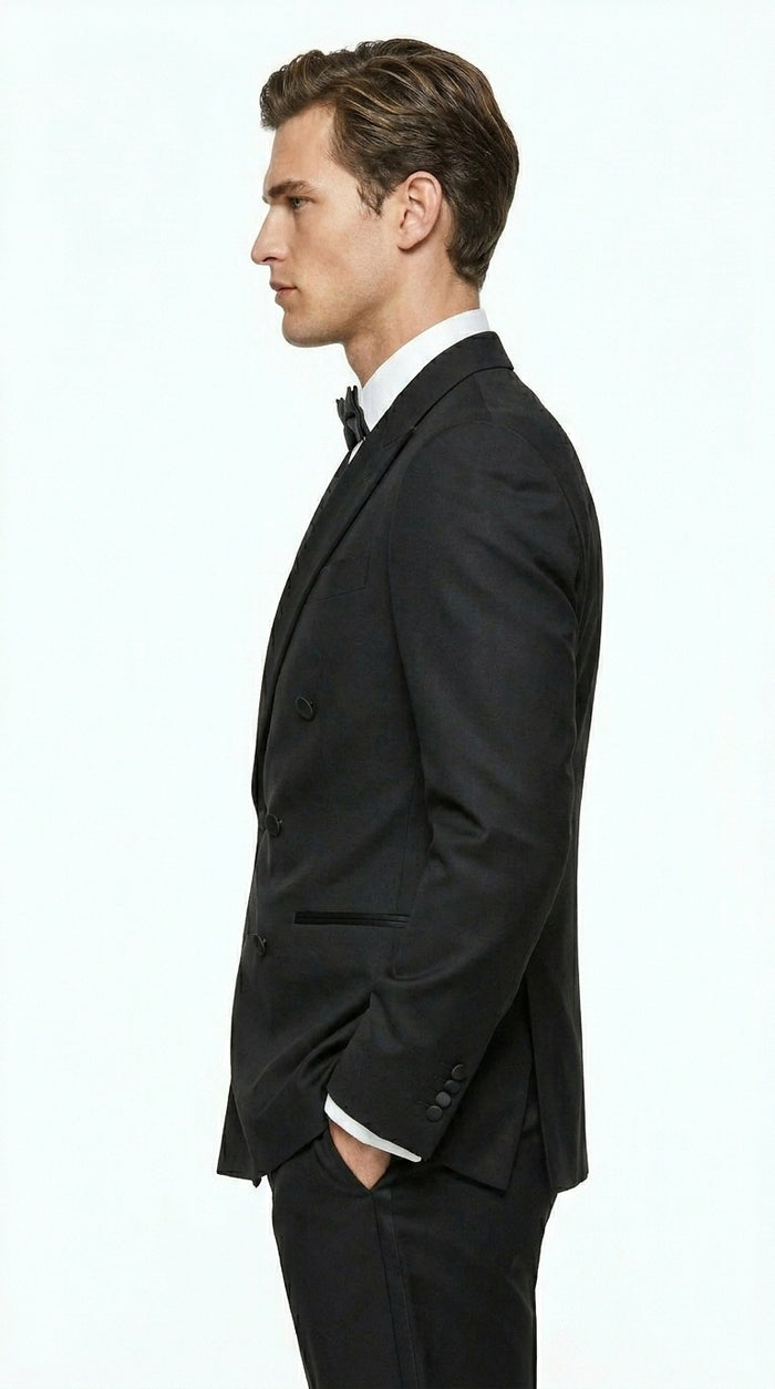 Men’s Black Double Breasted Tuxedo Jacket with Satin Peak Lapel, Formal Wedding Dinner Blazer