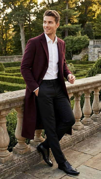Mens Burgundy Long Coat  Classic Fit Wool Blend Overcoat - Topcoat Full length
