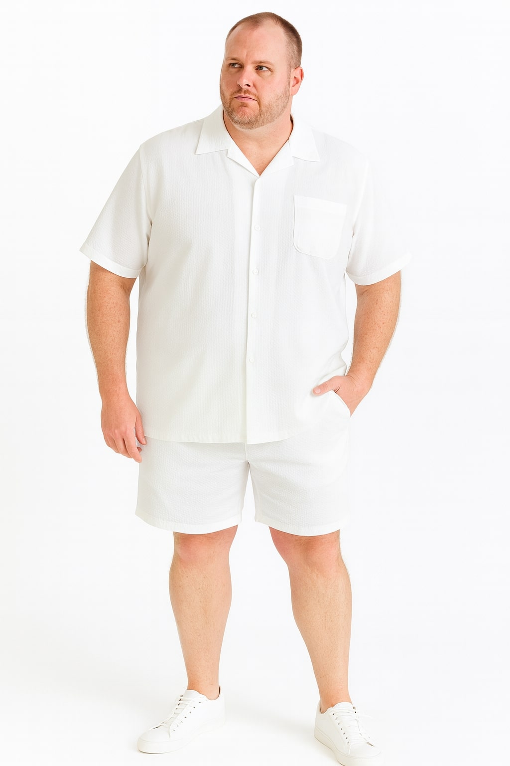 Mens White Seersucker Short Set  Lightweight Summer Outfit with Shirt and Shorts