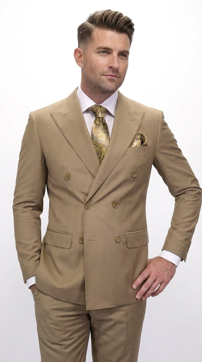 Men’s Statement Brand Caramel Khaki Double Breasted Wool Suit, Designer Formal Business Suit Set Wool Suit in Camel Color