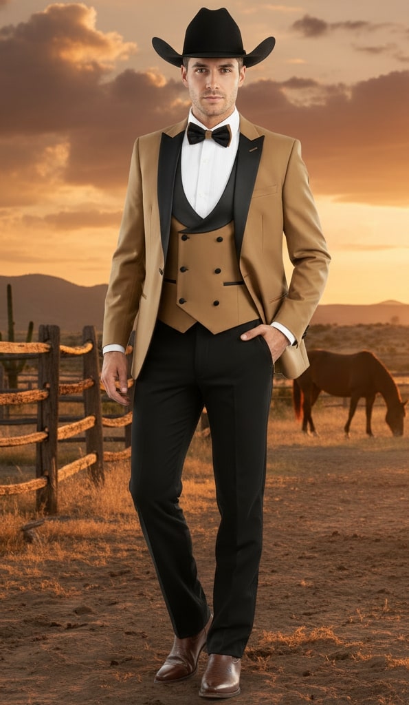 Mens Western Cowboy Tuxedo  Tan and Black 3-Piece Suit with Satin Lapel and Vest in Mocca Coffee Color