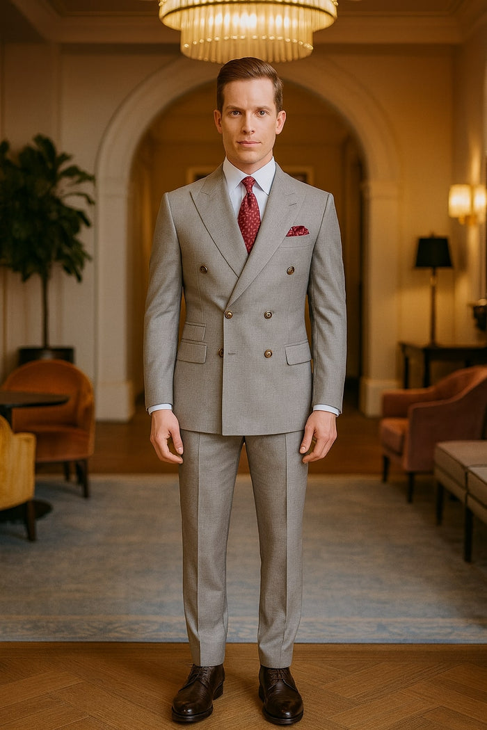 Mens Light Grey Double-Breasted Suit  Classic Slim Fit Business and Wedding Formal Attire