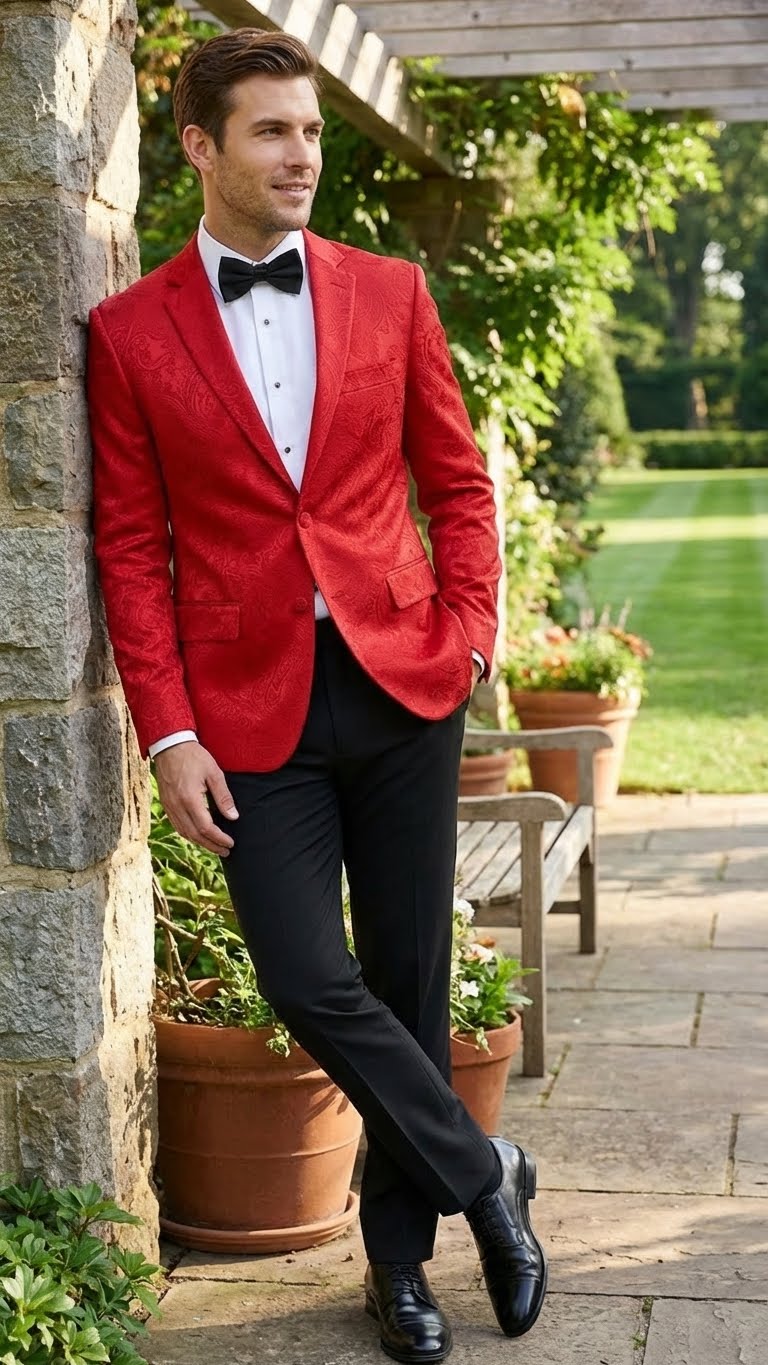 Mens Red Paisley Velvet Blazer - Christmas new year Sport Coat Jacket - Prom 2026 Collection