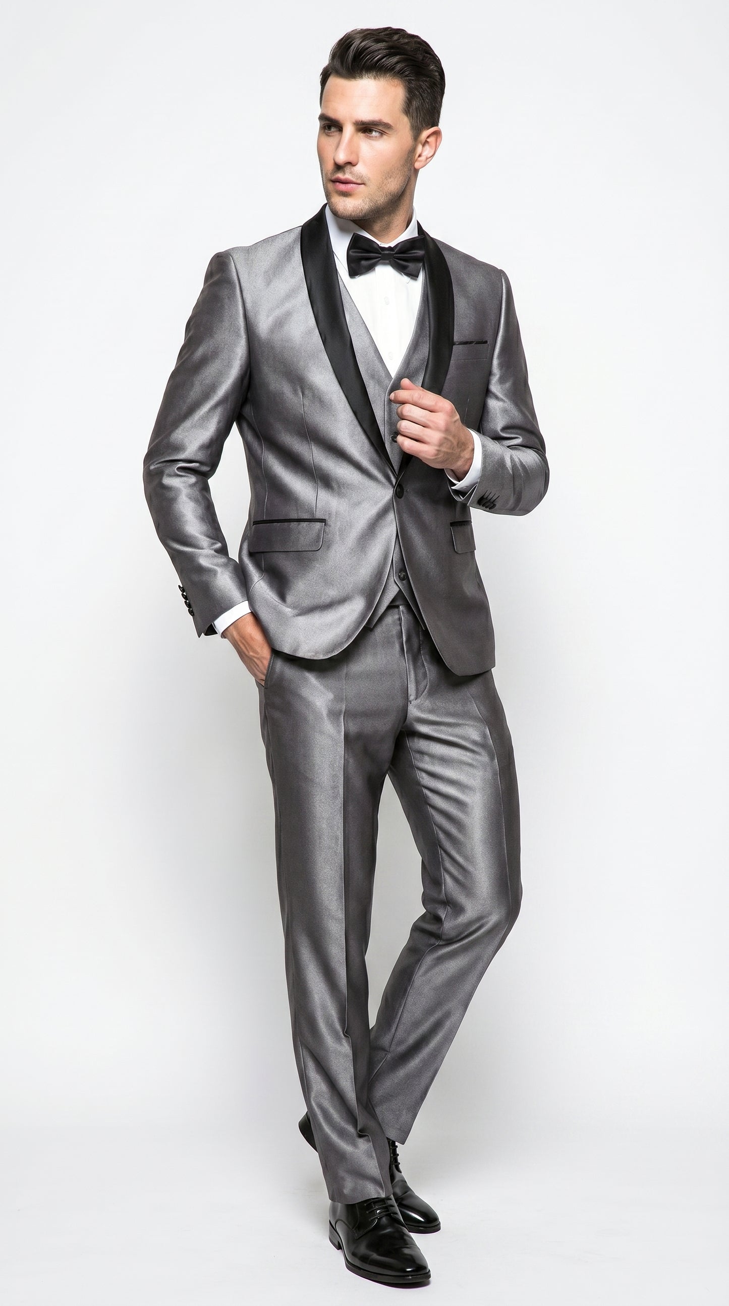 Men’s Silver Grey Sharkskin Vested Tuxedo with 1 Button Jacket, Shawl Lapel and Matching Pants