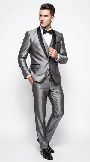 Men’s Silver Grey Sharkskin Vested Tuxedo with 1 Button Jacket, Shawl Lapel and Matching Pants