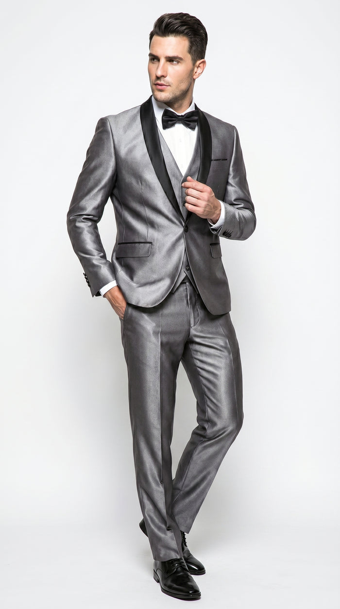 Men’s Silver Grey Sharkskin Vested Tuxedo with 1 Button Jacket, Shawl Lapel and Matching Pants