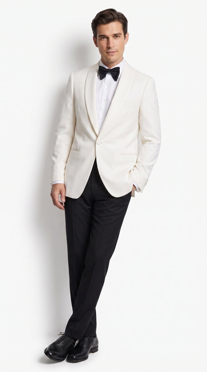 Men’s Vintage Hollywood Ivory Tuxedo – Black Shawl Lapel Wedding, Prom and Formal Dinner Jacket with Black Pants