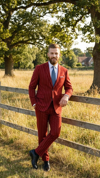 Men's Red Pinstripe Suit - Stripe Two-Button Vested Suit 2 Buttons