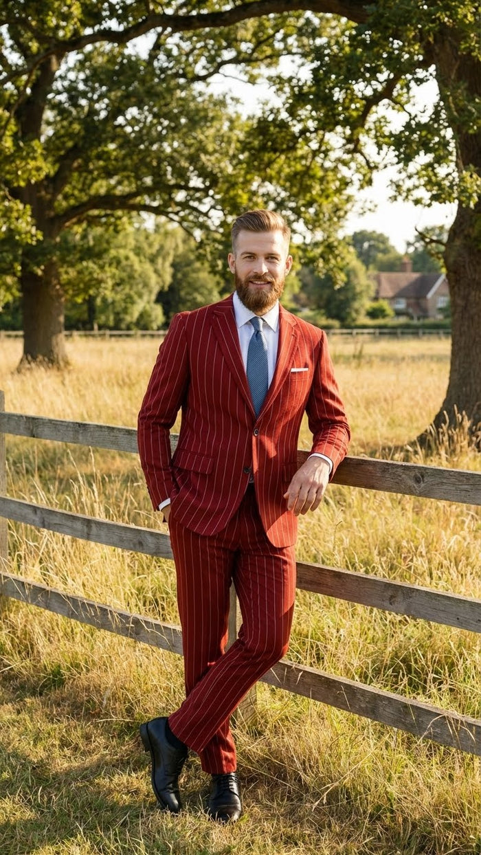 Men's Red Pinstripe Suit - Stripe Two-Button Vested Suit 2 Buttons