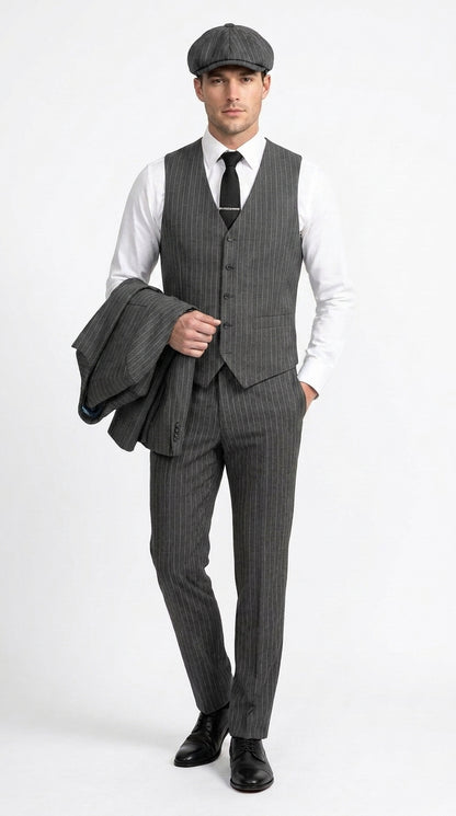 Men’s Thomas Shelby Peaky Blinders Gray Wool Suit Out fit Charcoal Grey Pinstripe 3-Piece  Vintage 1920s Suit