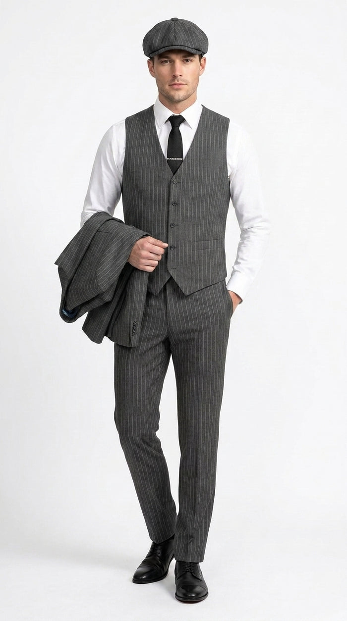 Men’s Thomas Shelby Peaky Blinders Gray Wool Suit Out fit Charcoal Grey Pinstripe 3-Piece  Vintage 1920s Suit