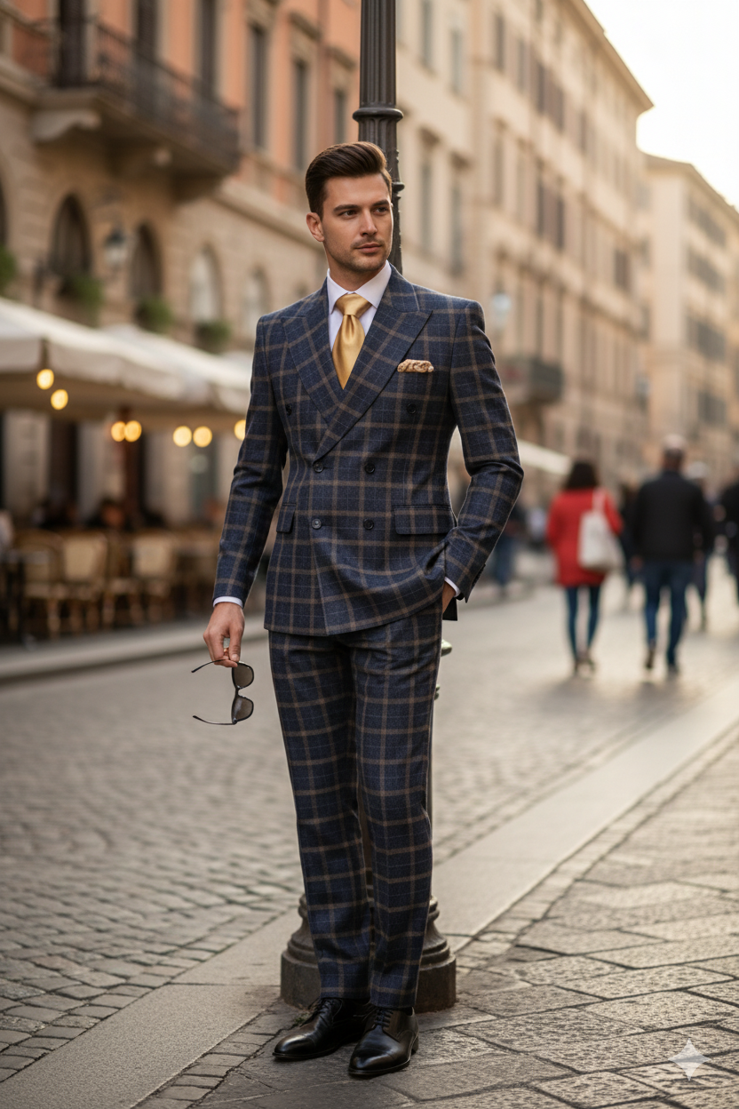 Mens Navy and Tan Windowpane Double-Breasted Suit | Classic 2-Piece Plaid Dress Suit, Business, and Formal Events By Rossiman