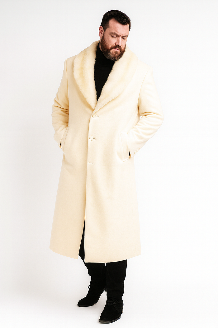 Mens Ivory - Cream - Off White Full-Length Overcoat with Luxurious Faux Fur Shawl Collar  Winter Dress Coat