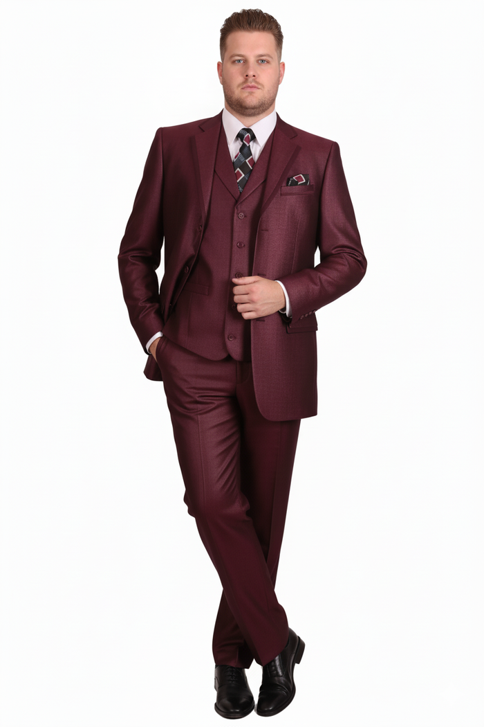 Mens Burgundy 3-Piece Suit  Burgundy Three Buttons Vested Suit - Pleated Pants Classic Fit Athletic Cut
