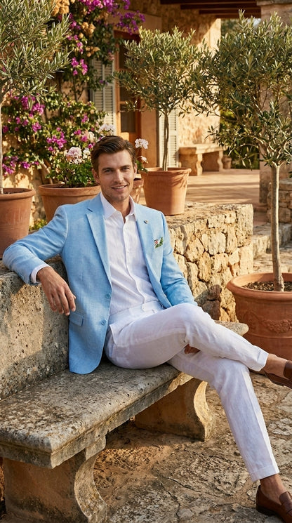 Men’s Sky Blue Linen Style Summer Blazer with Two Button Front, Lightweight Wedding Sport Coat