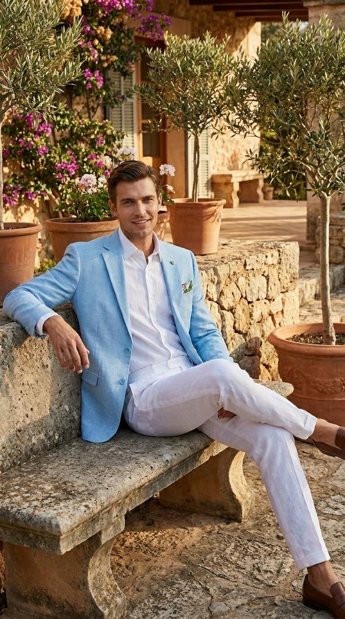 Men’s Sky Blue Linen Style Summer Blazer with Two Button Front, Lightweight Wedding Sport Coat