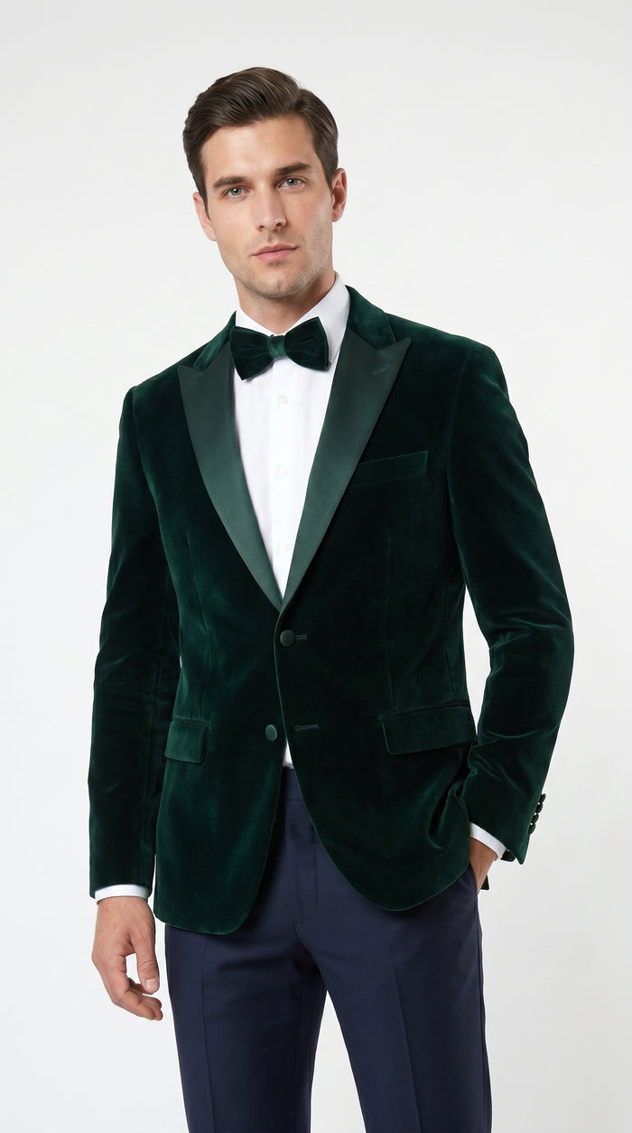 Men’s Hunter Green Velvet Tuxedo Jacket with Peak Lapel, Formal Wedding Prom Dinner Blazer