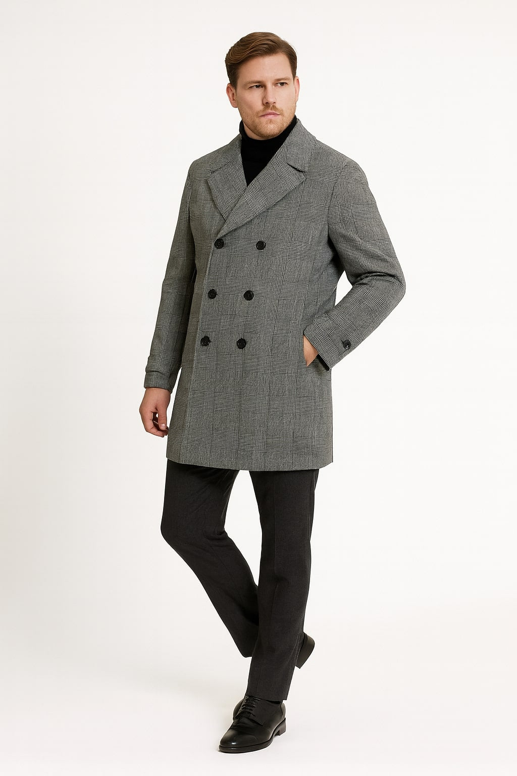 Mens Grey Plaid Double-Breasted Overcoat with Black Faux Fur Collar  Classic Winter Peacoat