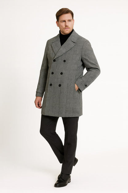 Mens Grey Plaid Double-Breasted Overcoat with Black Faux Fur Collar  Classic Winter Peacoat