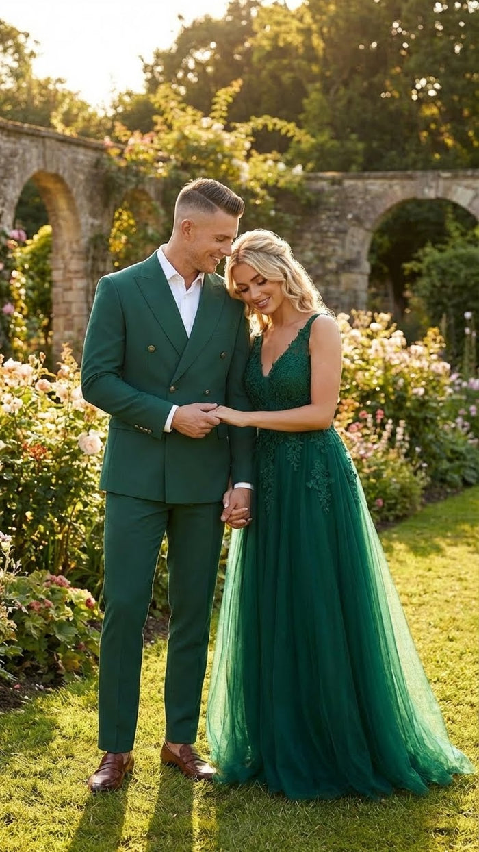 Vitali Brand Men’s Emerald Green Double Breasted Suit – Modern Fit Side Vented
