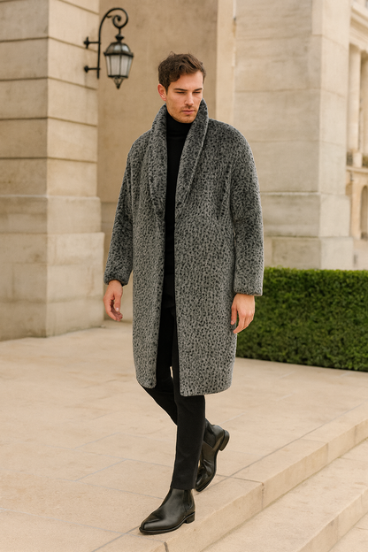 Mens Luxury Long Grey Faux Fur Coat  Winter Overcoat with Animal Print Design
