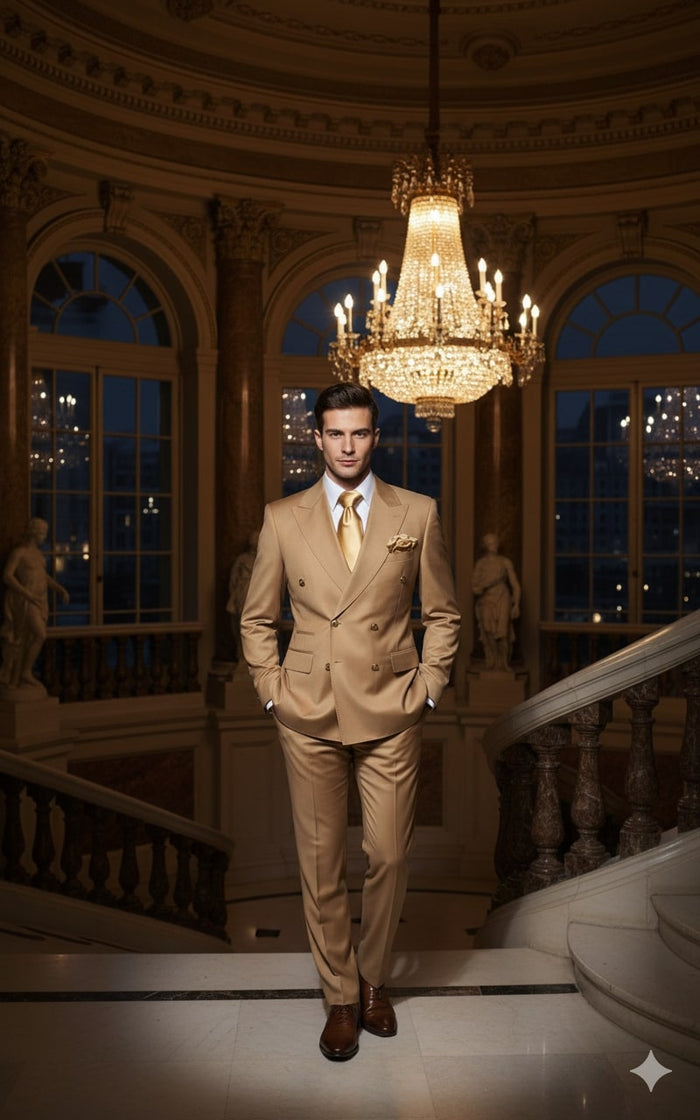 Mens Camel - Bronze - Goldish khaki Double-Breasted Suit  Luxury 2-Piece Formal Set with Gold Buttons and Peak Lapels by Rossi Man