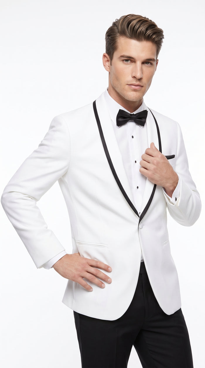 Men’s White Tuxedo Jacket – Black Trim Shawl Lapel Formal Dinner Blazer for Weddings, Prom Wedding Blazer Modern fit