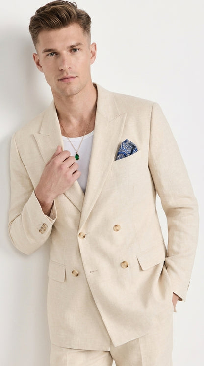 Men’s Light Beige Linen Double-Breasted Suit – Summer Wedding, Beach and Formal 2-Piece Suit