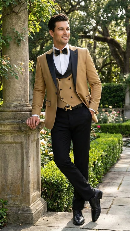 Men's Dark Camel Tan Khaki and Black Great Gatsby Tuxedo Suit – Vintage 1920s Formal Wedding, Party and Event Wear