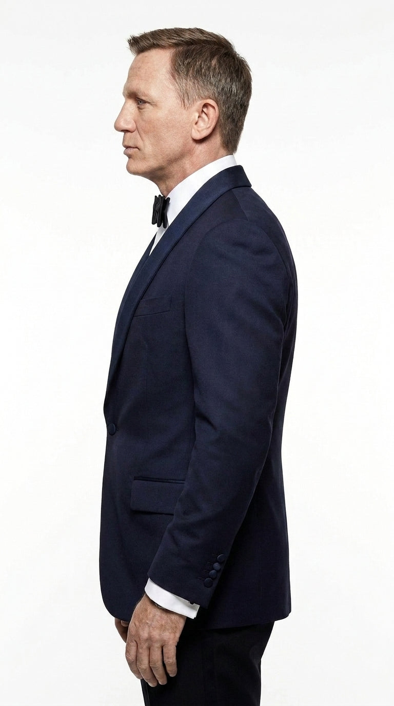 Men’s Navy James Bond Tuxedo Dinner Jacket – Satin Shawl Lapel Wedding, Prom and Black-Tie Blazer