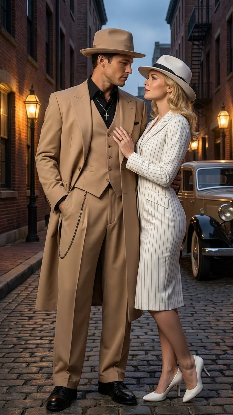 Mens 1920s Beige Zoot Suit  Long Mafia Gangster Three-Piece Suit in Tan Khaki Color 40 inch Zuit Pachuco Suit