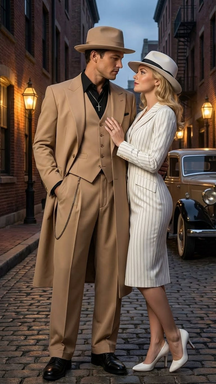 Mens 1920s Beige Zoot Suit  Long Mafia Gangster Three-Piece Suit in Tan Khaki Color 40 inch Zuit Pachuco Suit