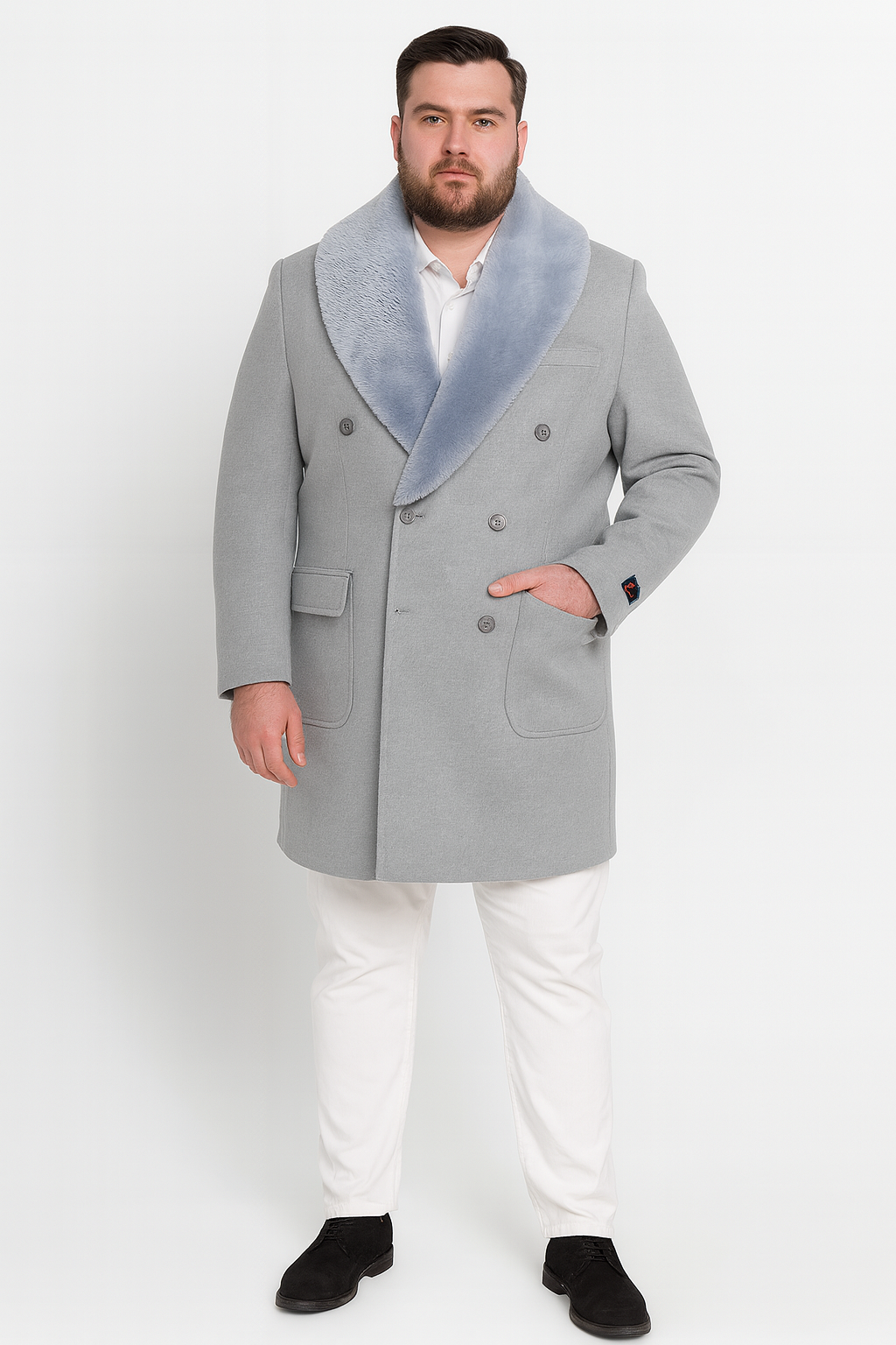 Mens Light Grey Double Breasted Overcoat with Faux Fur Shawl Collar  Winter Luxury Coat Wool Fabric