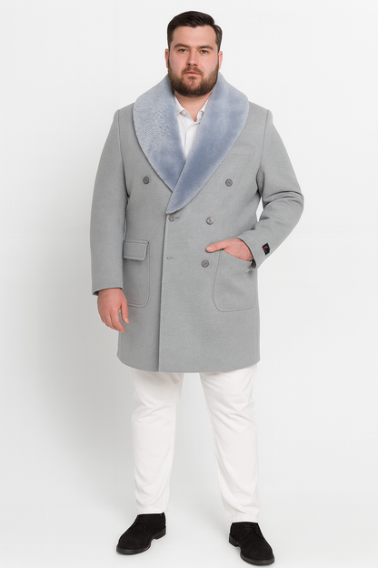 Mens Light Grey Double Breasted Overcoat with Faux Fur Shawl Collar  Winter Luxury Coat Wool Fabric