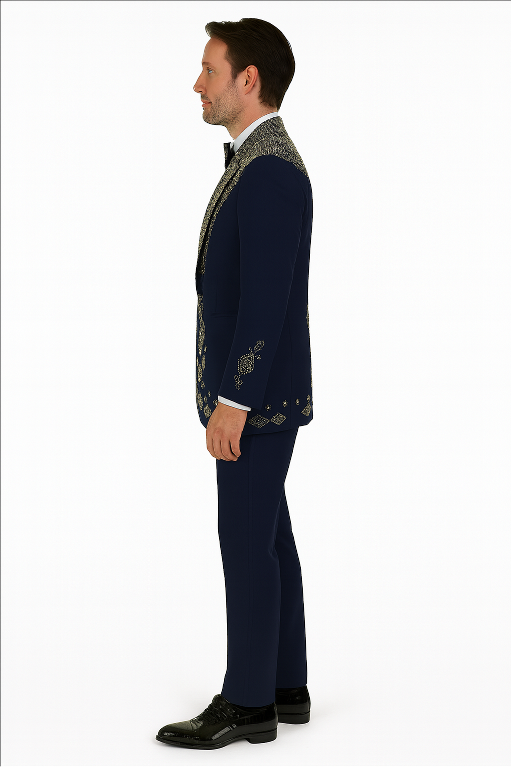 Mens Navy Tuxedo with Gold Embroidery  Slim Fit Formal Dinner Jacket with Shawl Lapel