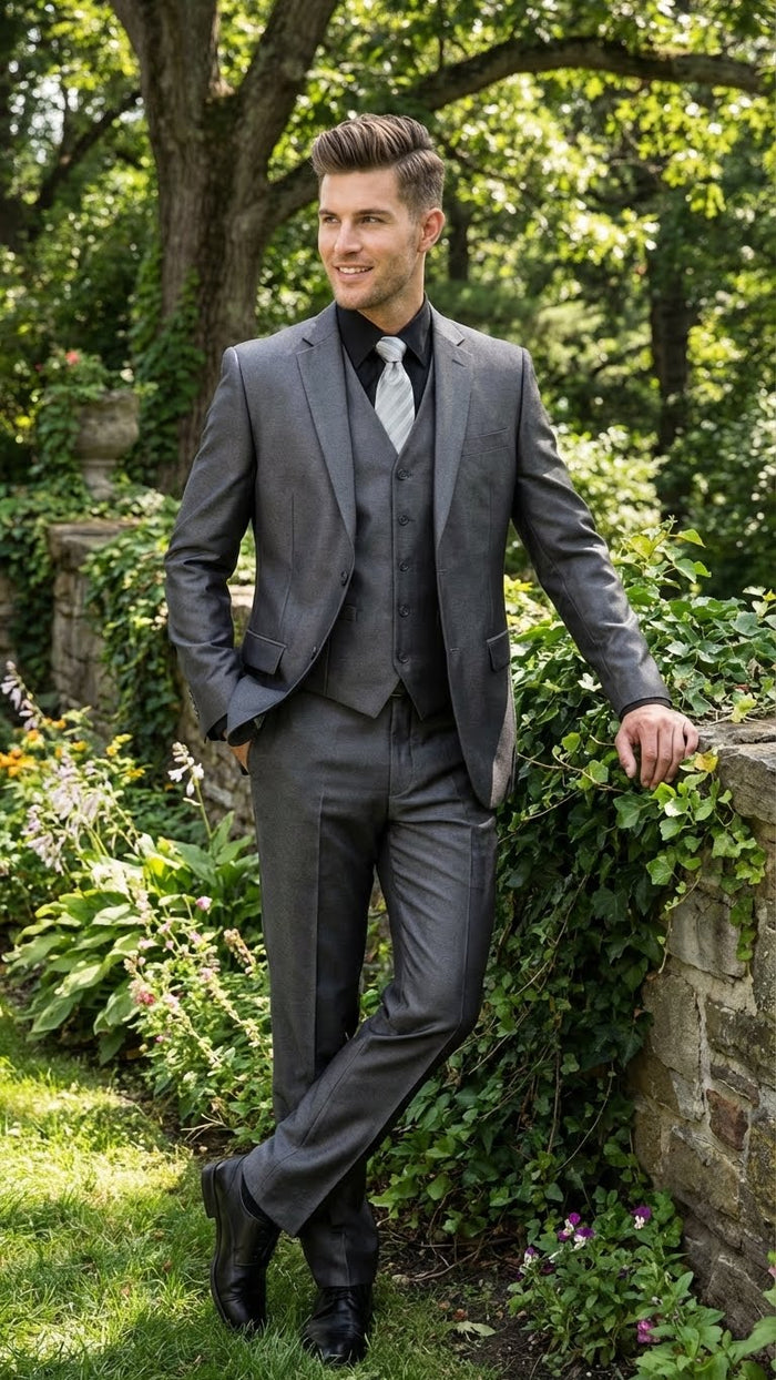 Men's Charcoal Gray Suit With Sheen -  | Shiny Texture Fabric Three Piece Wedding and Party Business