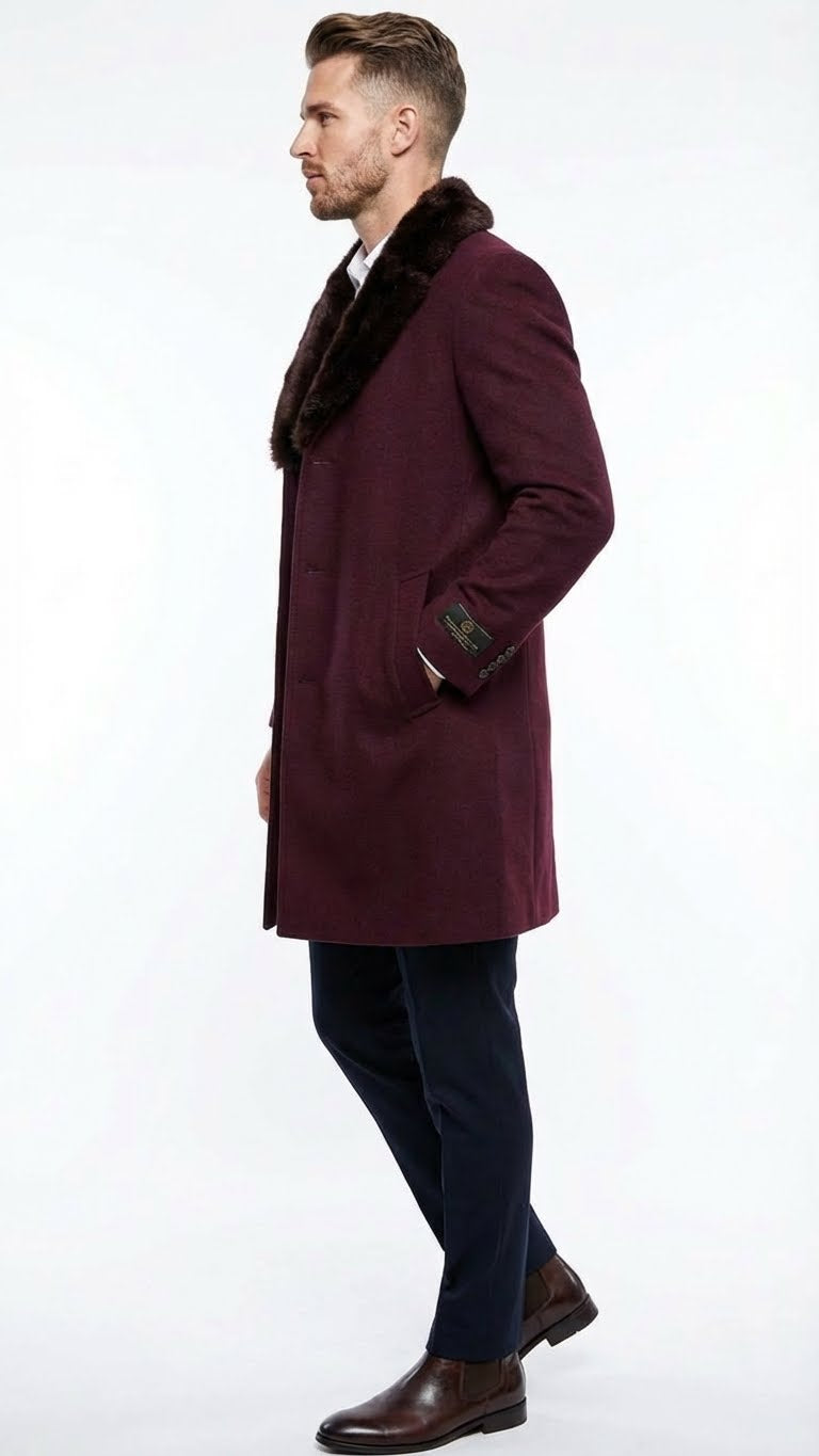 Mens Burgundy Three Quarter Coat with Faux Fur Collar Overcoat  Luxury Winter Outerwear Three Quarter Carcoat Topcoat