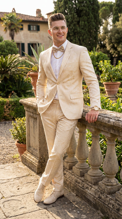 Mens 2 Button White with Gold Foil Floral Paisley Prom and Wedding Tuxedo