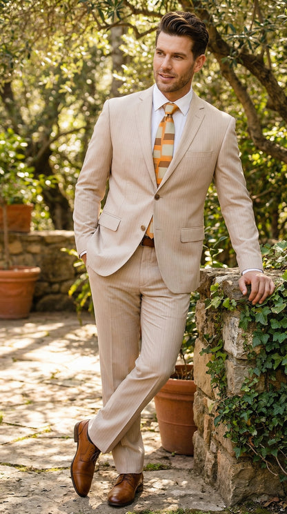 Vitali Men’s Natural Beige Pinstripe Suit – Summer Tan Pinstripe  Weddings and Business Wear